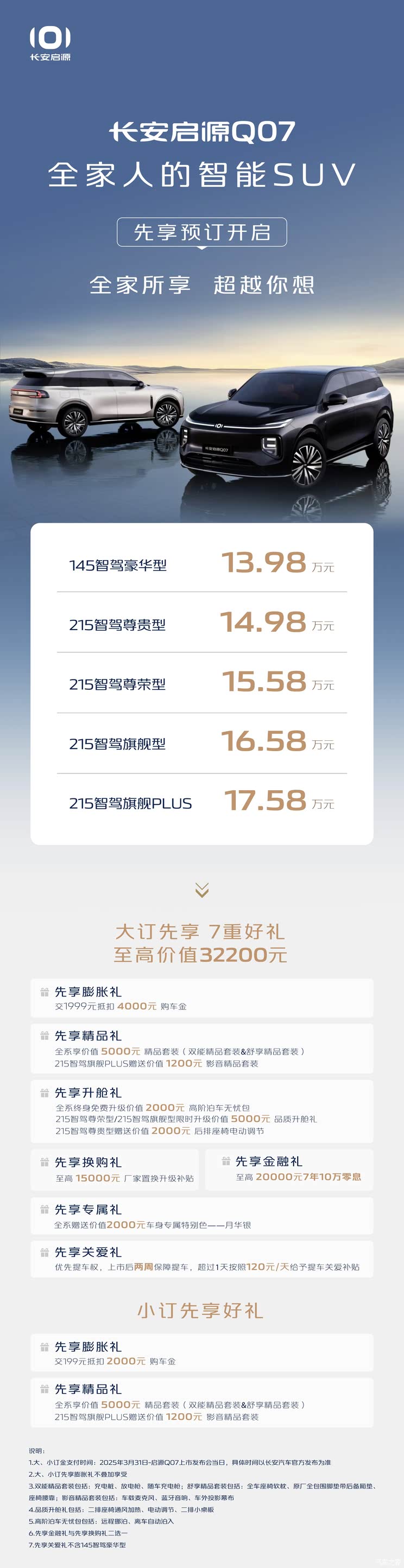 长安启源Q07正式开启预订，先享价13.98万起！配备天枢智驾系统