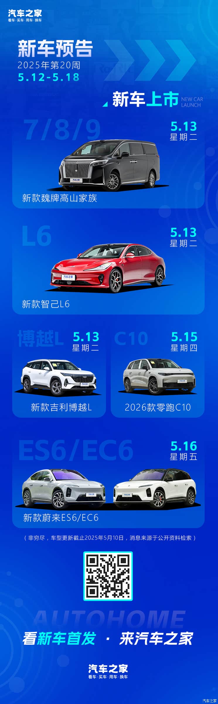 新款蔚来ES6/零跑C10等 2025年第20周（5.12-5.18）新车上市预告
